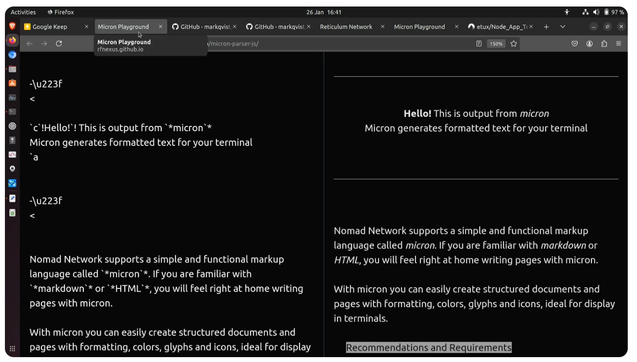 screen shot from video showing use of the micron markup language parser on https://rfnexus.github.io/micron-parser-js