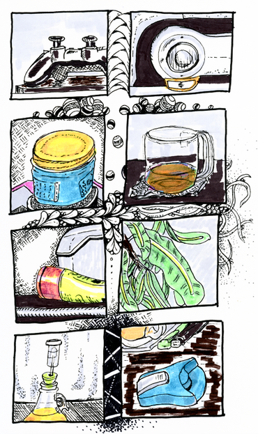 A page divided into eight panels, each with a rough sketch of a household item drawn in ink and coloured with highlighter. These include a Playstation controller, a headlight on a classic truck, a bottle of moisturizer, a glass mug partially filled with tea, a tube of skin cream next to a recipe card box, leaves of a plant, the vapour lock on a wine carbuoy, and a corner punch.

In the margins are a variety of Zentangle doodles, depicting balls, woven shapes, tendrils and bars.