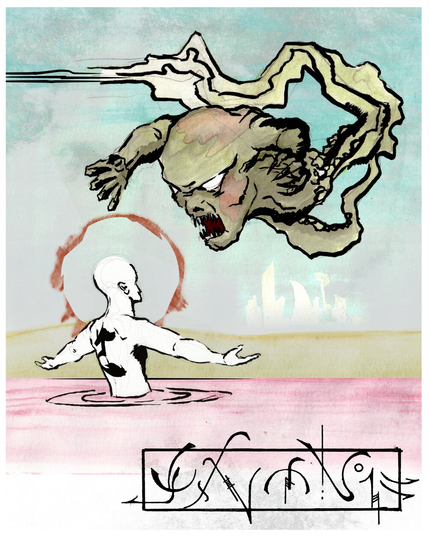 An ink drawing with digital coloring of a male figure standing in waist-high liquid, facing away from the viewer, toward a demon in the form of a head with arms and a fierce expression. The human figure has arms outstretched, as if engaging, or perhaps welcoming, the demon.