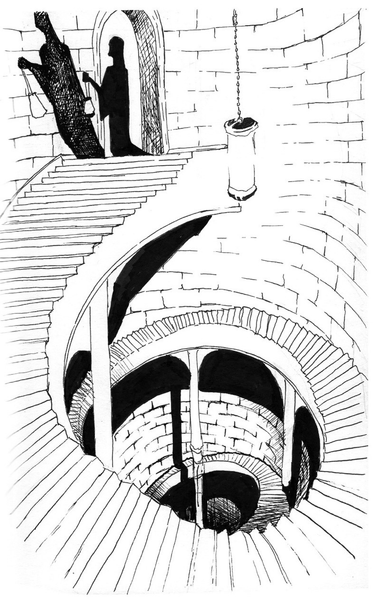 An ink drawing in a sketchbook, portraying a circular stairway in a vertical shaft made from stone blocks, leading down into darkness. At the top is a silhouette of a character in a long robe, holding up a lantern.