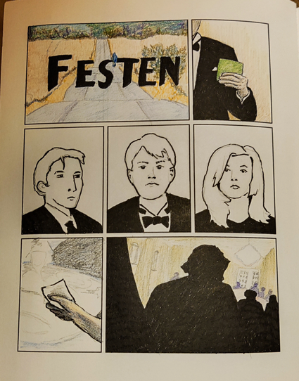 A series of drawings in boxes on a page: a view of a long, hilly road with the title Festen over it; a man in a tuxedo holding a green piece of paper; black and white portraits of two men and a woman; a hand resting on a table and holding a piece of paper; and a dramatic silhouette of a man leaving a crowded dining room lit by a chandelier 