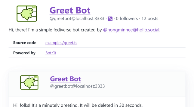 BotKit web interface in violet theme, showing Greet Bot's profile with greeting message. The interface elements including headings and links are colored in shades of purple.