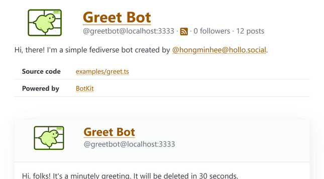 BotKit web interface in pumpkin theme, displaying Greet Bot's profile. Headers and interactive elements are styled in warm orange tones.