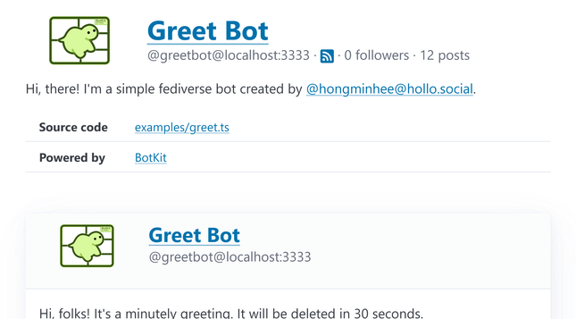 BotKit web interface themed in azure blue, showing Greet Bot's profile and activity. Navigation elements and links feature various shades of blue.