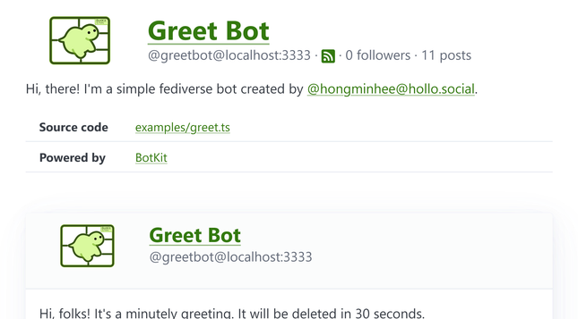 Default green-themed BotKit interface displaying Greet Bot's profile. UI elements are styled in forest green colors, showing the default color scheme.