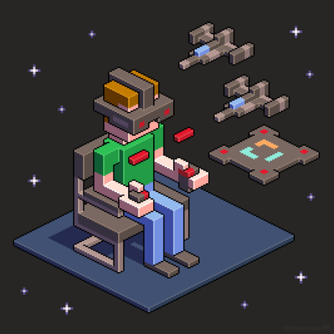 Isometric pixel art of a virtual reality gamer, sitting in a chair, while being surrounded by VR game elements in space: space fighter jets and a floating spaceship landing platform.