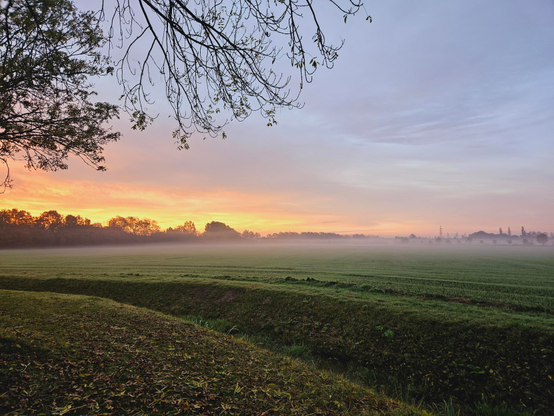 Crisp air, misty grounds. The mist is laying on top of a green pasture. Light is making it's way into the day and piercing through what seems like marshmallow thick clouds, stretching the sky. The sky/clouds are gray/blue-ish with the sun peeping through. The sun rising is giving a hue of yellow, orange, red and pink seeping into the gray/blue part of the sky