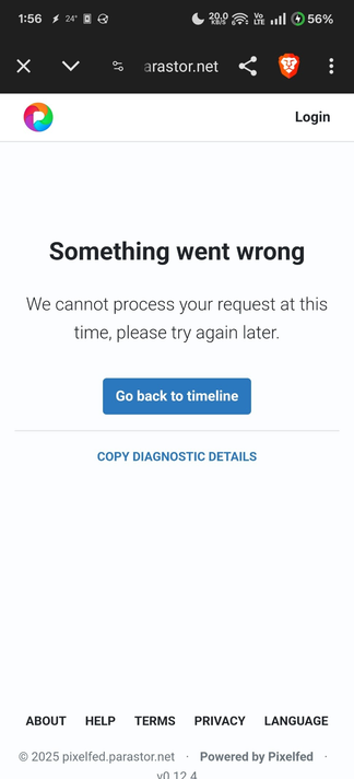 A screenshot of a Pixelfed error screen saying "Something went wrong. We cannot process your request at this time, please try again later."