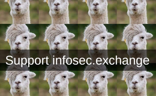 A tiled picture of llamas (Jerry's profile), with the words "Support infosec.exchange" superimposed over top