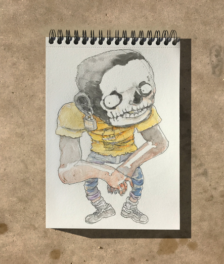 Dibujo acuarela de hombre con la cara pintada de calavera