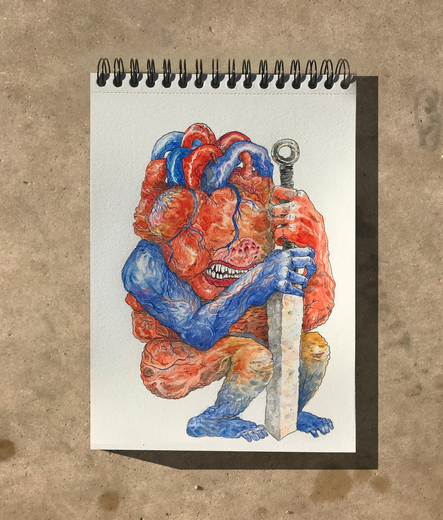 Dibujo acuarela de un corazón con brazos y piernas sosteniendo una espada