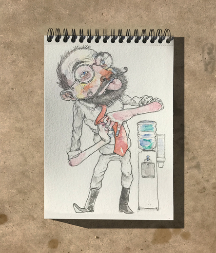 Dibujo acuarela de un hombre con bigote y barba arreglandose la corbata al lado de una fuente para tomar agua