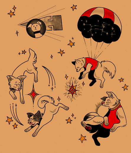 A tattoo flash sheet featuring various space dogs. From the top left going clockwise: a hyper stylized dog in the window of a rocket, peering out into space; a dog hanging from a parachute, dangling down above a star; a dog in a space jacket glancing back over her shoulder, with a small line halo behind her; and two dogs, Belka and Strelka, orbiting a large star between them.