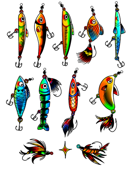 A flash page showing various designs based on different types of fishing lures, given slight facial features (nervous eyes, tears, happy eyes, etc) and all colored in different shades of yellow, green, blue, cyan, and red.