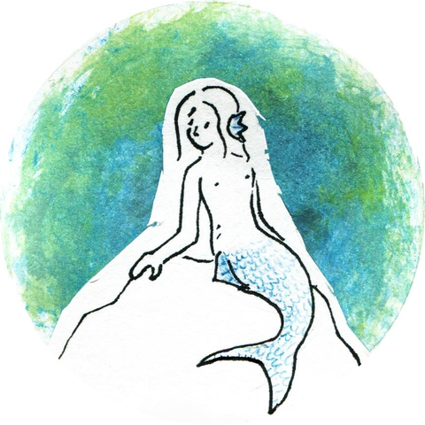 A mermaid with turquoise fins and tail is sitting on a rock over an abstract green and turquoise background