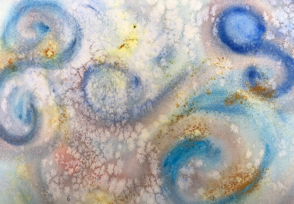 Watercolour of yellow, blue and pink swirls with salt crystal effects making a mottled bleached pattern