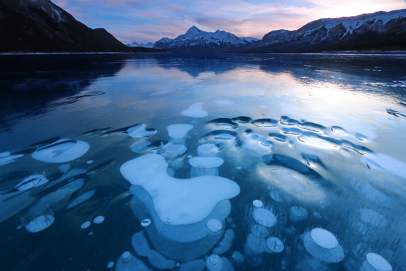 Photo of Abraham Lake, frozen in the winter, at sunset.- Bubbles are seen under the surface of the ice, leading into the background of mountains along the horizon. Pink and purple hues dominate the sunset sky.