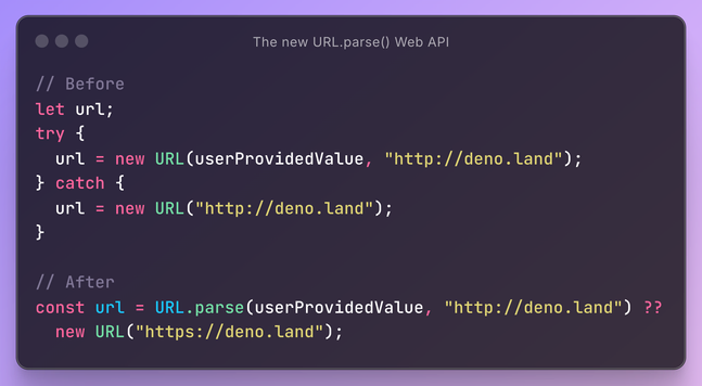 The new Web API URL.parse() provides a simpler control flow when you need to parse URLs.

