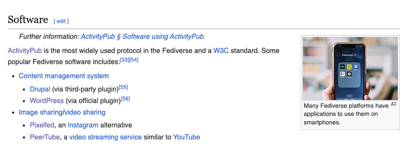 a screenshot of the Fediverse page on Wikipedia, with my photo embedded in the Software section