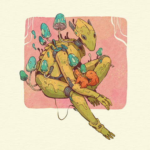 digital drawing of a robot overgrown with mushrooms and with a squirrel on his arm