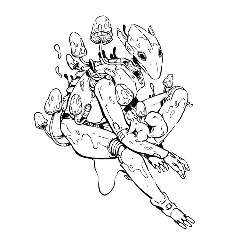 black lineart of a robot overgrown with mushrooms and with a squirrel on his arm