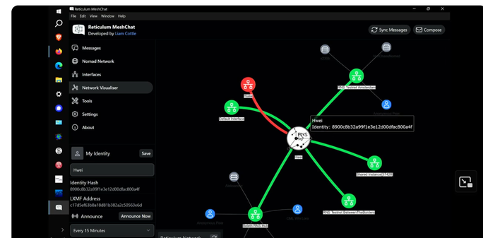 screenshot from the video showing the nomad network shown as spider diagram with the node being used in the middle