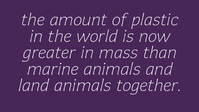 Quotation "the amount of plastic in the world is now greater in mass than marine and land animals together", extra-light italic typeface. 