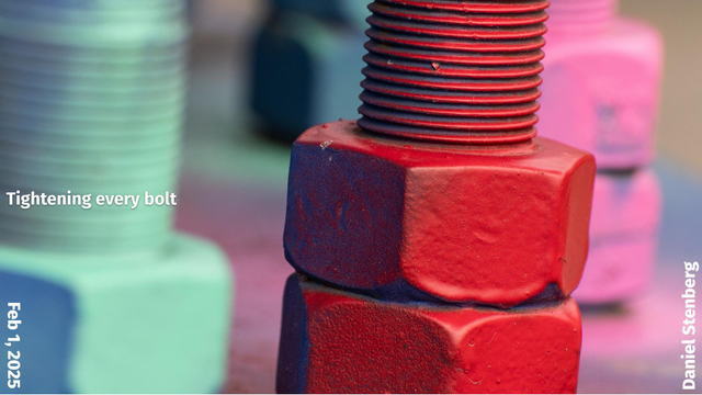 "tightening every bolt" title slide, with two colorful bolts 