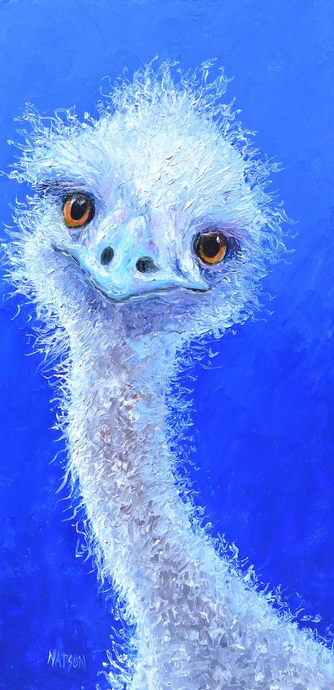 A vertical painting of a quirky emu on a dark blue background completed with a palette knife for a thick feathery texture.