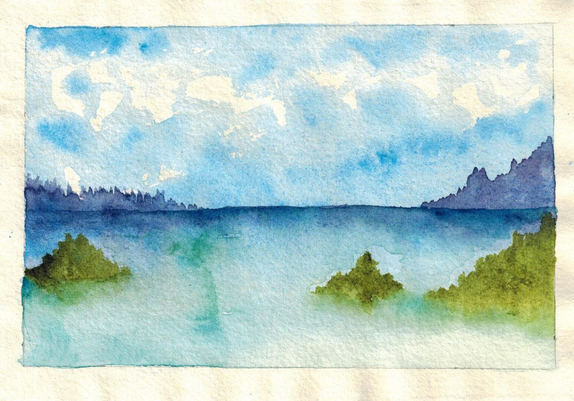 Watercolor of an ocean scene with scattered clouds and small islands in the middle and background.