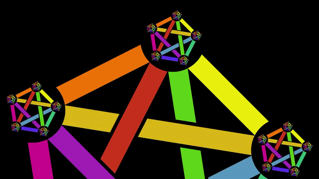 Animated GIF of the proposed Fediverse symbol, a rainbow pentagram connecting five different-coloured balls, but in this GIF each ball is another Fediverse symbol, whose balls are themselves Fediverse symbols etc. The GIF zooms into them infinitely.