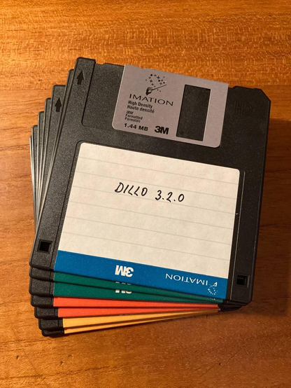 A stack of floppy disks labelled "Dillo 3.2.0"