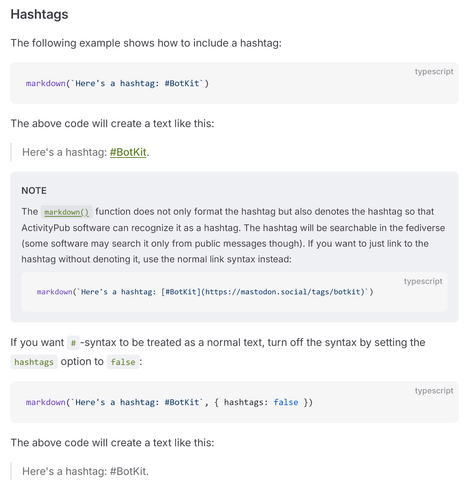 Documentation showing BotKit's Markdown hashtag syntax. It demonstrates how to use hashtags in markdown() function with examples and explains that the function denotes hashtags for ActivityPub discoverability. It also shows how to disable hashtag syntax using the hashtags: false option.