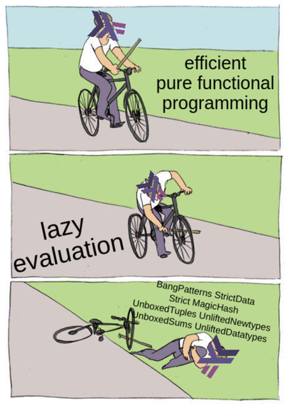 (baton roue image macro)

* man riding bike: "efficient pure functional programming"
* man puts stick between spokes: "lazy evaluation"
* man on ground holding knee: "BangPatterns StrictData Strict MagicHash UnboxedTuples UnliftedNewtypes UnboxedSums UnliftedDatatypes"

The haskell logo is pasted over the man's face in all frames.