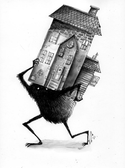 Furry creature carrying a house 