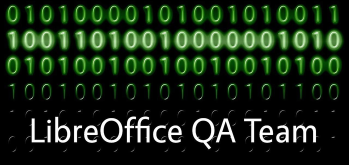 "LibreOffice QA Team" on a green Matrix-like code banner