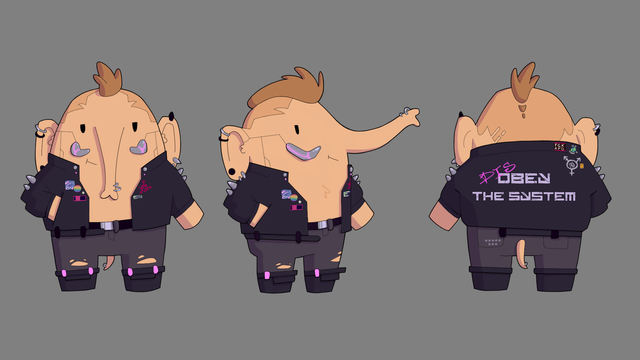 Turnaround of John Cyberdon – a mastodon mascot with a cyberpunk twist. He's wearing a leather jacket with purple accents and grey pants, has a mohawk and cybernetic tusks with purple LED stripes, multiple piercings in ears and trunk.

3 drawings on grey background:
The first one is a front view of Cyberdon. He has multiple pins: Durstlöscher, lgbt rainbow, cyberware asset from corteximplant.com, trans anarchy, "Netrun until it breaks".

The second is a 3/4 view.

The third it the back view. It says OBEY THE SYSTEM in the middle of the jacket, with a sprayed "DIS" in front of it, changing the message to "DISOBEY". He has multiple pins: FCK AFD, No planet B, No TERFs on our turf, Not my king, and Jebać PIS.