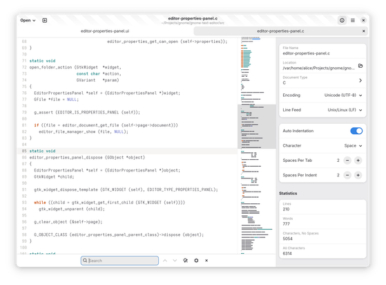 GNOME Text Editor showing the new sidebar with document options