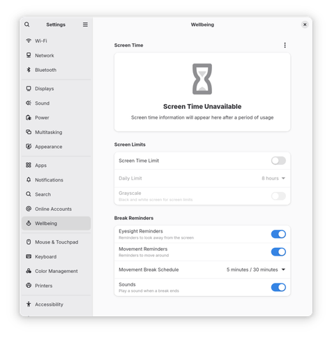 Screenshot of GNOME Settings "Wellbeing" panel