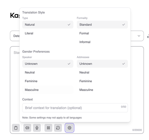 The image shows Kagi's translation settings menu with options for style, formality, gender preferences, and optional context. "Natural" and "Standard" are selected, with choices for speaker and addressee gender. A note states that some settings may not apply to all languages.