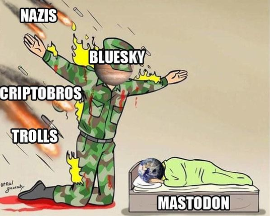 Mastodon (la Tierra) durmiendo tranquilamente en una cama mientras Bluesky (Júpiter) extiende sus brazos para cubrir a Mastodon de la trayectoria de varios meteoritos (Nazis, Criptobros y Trolls).