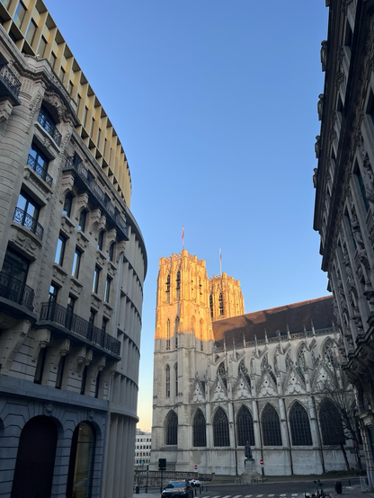 Photo of two church towers hit by sun between two buildings in Bruxelles