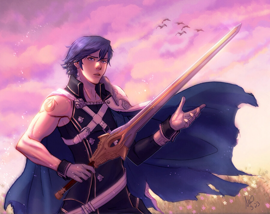 Chrom from Fire Emblem Awakening, standing with his sword against a pink/purple sky.