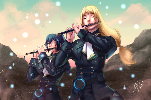 Crys and Noah from Xenoblade 3, both playing their flutes against a rocky battlefield with a cloudy sky of pastel colors.  Motes fly into the sky as they perform their duty.