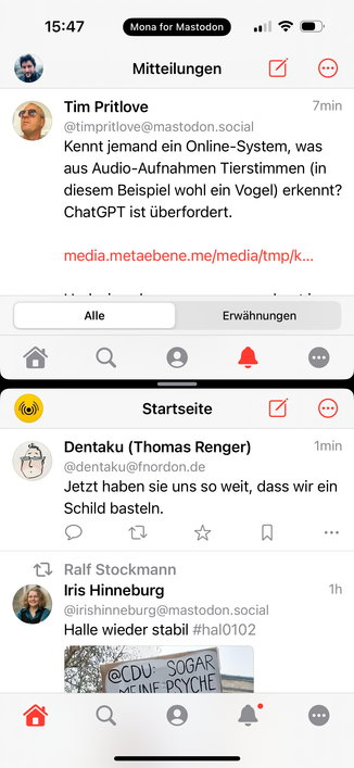 Geteilte Ansicht in der Mona-App