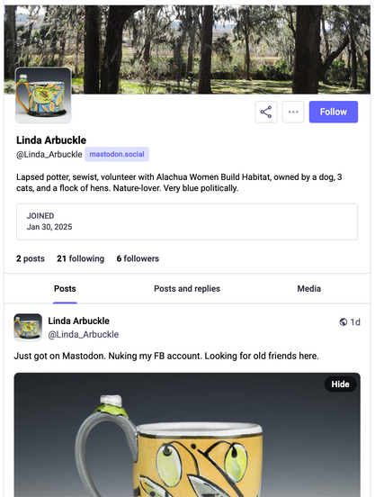 a screen shot of linda arbuckle's mastodon profile