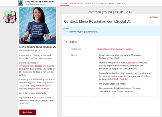 Alt-text: A GoToSocial profile for Elena Rossini.  A headshot of Elena is shown. The text on the page states that she is an Italian writer, photographer, and filmmaker, and Fediverse cheerleader.  It mentions a newsletter she runs called #TheFuturelsFederated, her recent exploration of Linux and self-hosting documented with #MySoCalledSudoLife, and that she's a Lego aficionado.  Her values are listed as BlackLivesMatter, Feminist, HeartPride, HeartTrans, and NoNazis.  Her profile URL is shown.