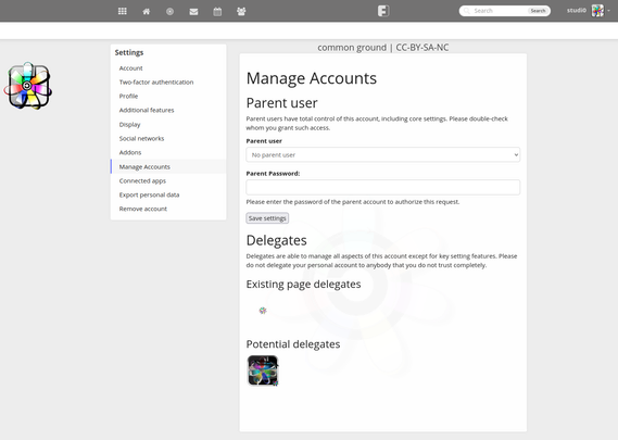 A screenshot shows a webpage for managing accounts.  The left side displays a menu with options for Account, Two-factor authentication, Profile, Additional features, Display, Social networks, Addons, Manage Accounts, Connected apps, Export personal data, and Remove account. The main section shows a form to manage accounts, with fields for selecting a parent user, entering their password, and managing delegates.  There's a description explaining parent user privileges and delegate permissions.  Below, it lists existing and potential delegates.  A small logo is shown near the potential delegates section.