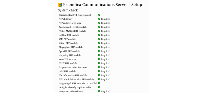 A system check for a Friendica Communications Server setup is shown.  A list of PHP modules and functions are checked, each with a green circle indicating that they are installed or present, and the word "Required" next to each.  The checks include command line PHP, PHP register arguments, Apache modules, PDO or MySQLi modules, and several other PHP extensions.  Finally, it shows that the ImageMagick extension is installed and that two configuration files are writable.