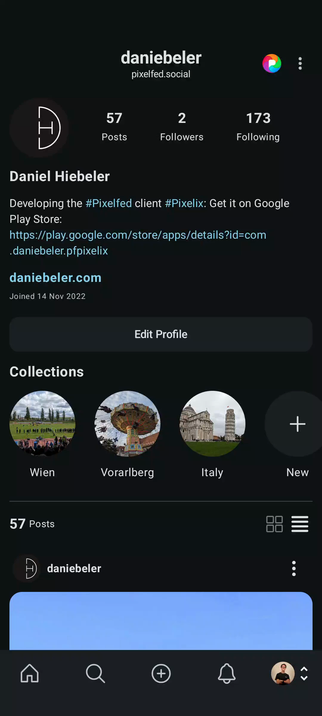 A video of scrolling down the profile page in Pixelix with enabled focus mode, which hides post descriptions, likes and other buttons.